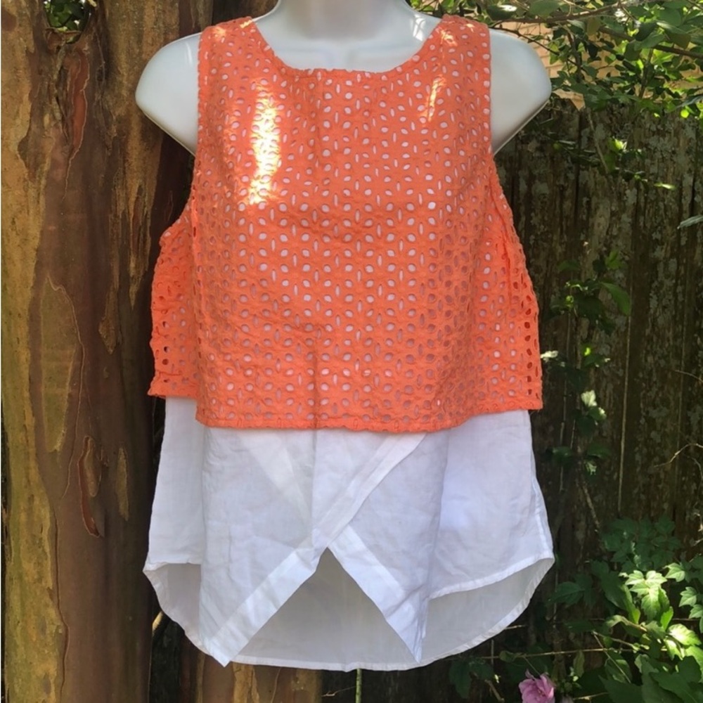 Kaari Blue Peach Eyelet 2 Layer Faux Wrap Blouse
